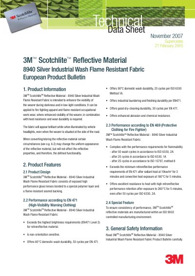 3M 8940 Scotchlite Reflective Material Technical Data Sheet - cover page
