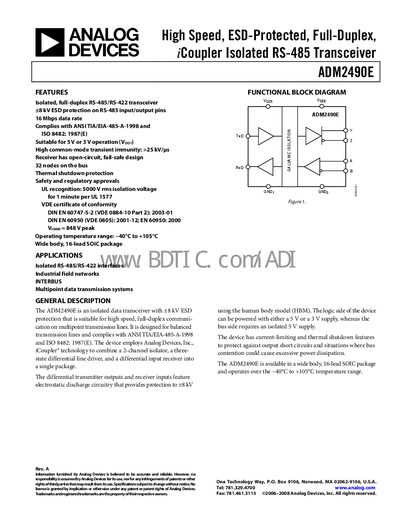 Analog Devices ADM2490E Isolated RS-485 Transceiver Datasheet - cover page