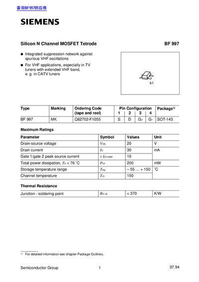 Siemens BF 997 Silicon N Channel MOSFET Tetrode Datasheet - cover page