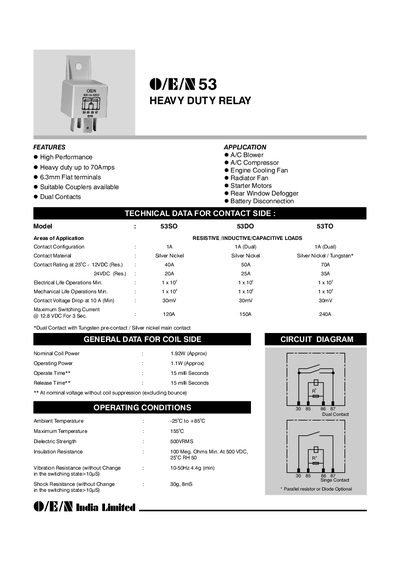 O/E/N 53 Series Heavy Duty Relay Product Data Sheet - cover page