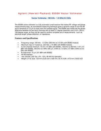 Agilent 8508A Vector Voltmeter Datasheet - cover page