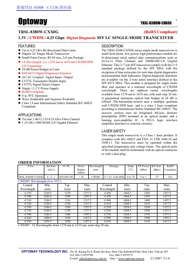 Optoway TRSL-8380W-CXX0G CWDM Transceiver Datasheet - cover page