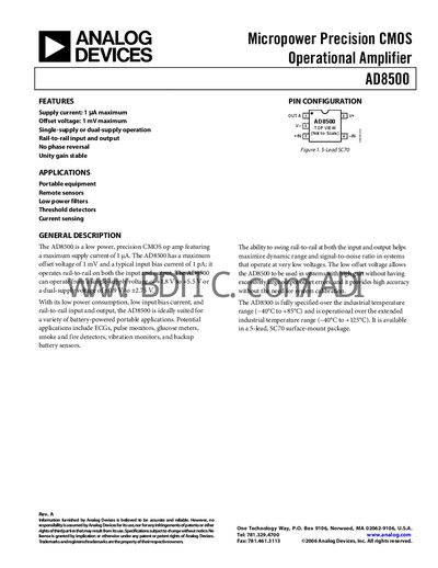 Analog Devices AD8500 Operational Amplifier Datasheet - cover page