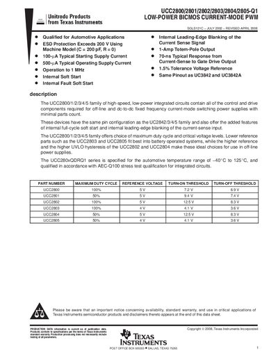Texas Instruments UCC2800/2801/2802/2803/2804/2805-Q1 Data Sheet