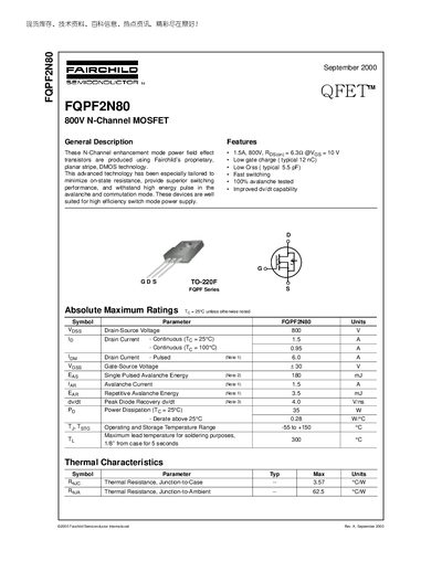 Fairchild FQPF2N80 800V N-Channel MOSFET Datasheet - cover page