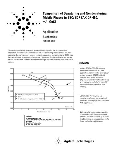 Agilent ZORBAX GF-450 Application Note: Comparison of Denaturing and Non-Denaturing Mobile Phases in SEC - cover page