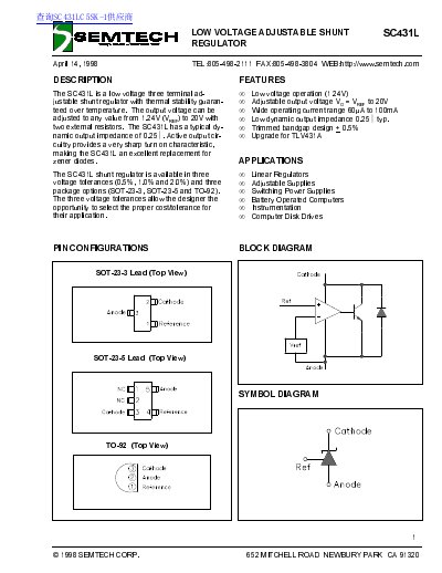 Semtech SC431L Low Voltage Adjustable Shunt Regulator Datasheet