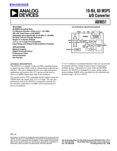 ANALOG DEVICES AD9051 10-Bit 60 MSPS A/D Converter handbook - cover page