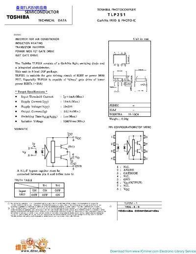 Toshiba TLP251 Photocoupler Datasheet - cover page
