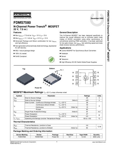 Fairchild FDMS7580 N-Channel Power MOSFET Datasheet - cover page