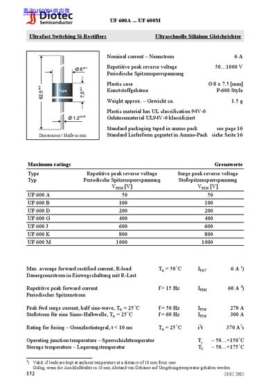 Diotec UF 600 Series Rectifier Datasheet - cover page