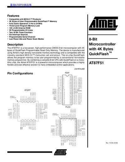 Atmel AT87F51 Microcontroller Datasheet - cover page
