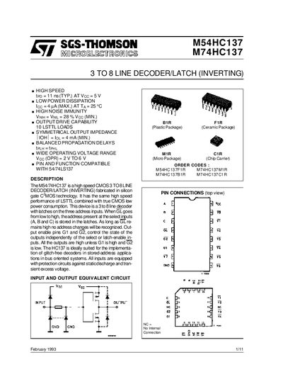 SGS-Thomson M54HC137 & M74HC137 Datasheet - cover page