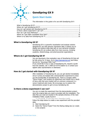 Agilent GeneSpring GX 9 Quick Start Guide - cover page