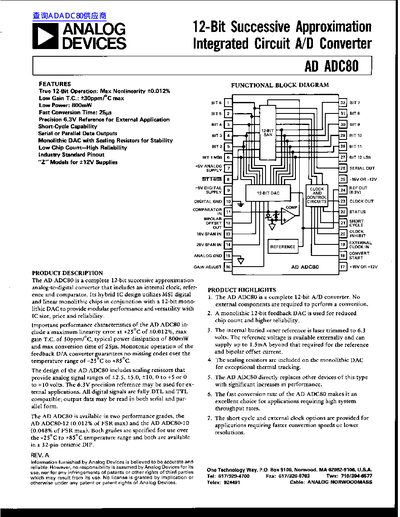 Analog Devices AD ADC80 12-Bit A/D Converter Datasheet - cover page