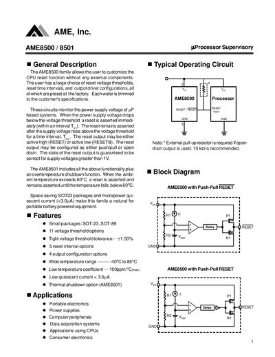 AME AME8500/AME8501 Processor Supervisory Datasheet - cover page
