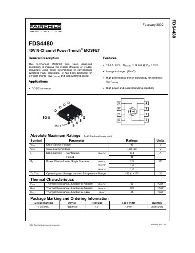 Fairchild FDS4480 40V N-Channel PowerTrench MOSFET Datasheet - cover page