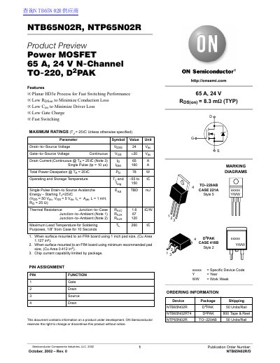 ON NTB65N02R NTP65N02R Product Preview Power MOSFET 65 A 24 V N-Channel TO-220 D2 PAK handbook - cover page