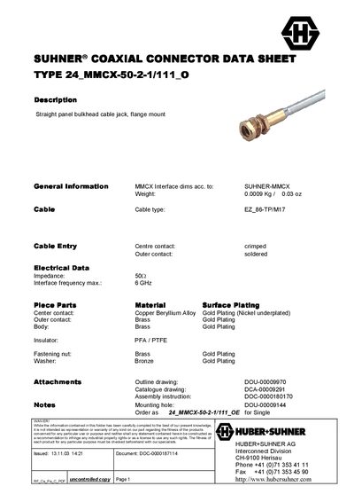 Huber+Suhner TYPE 24 MMCX-50-2-1/111 Coaxial Connector Datasheet