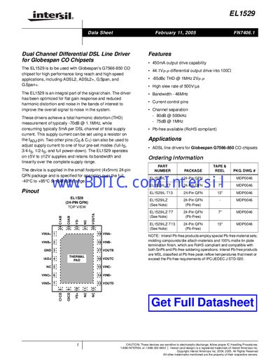 Intersil EL1529 Dual Channel Differential DSL Line Driver Datasheet - cover page