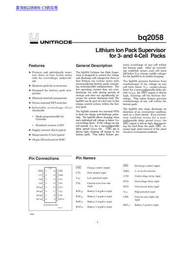 Texas Instruments bq2058 Lithium Ion Pack Supervisor Datasheet - cover page