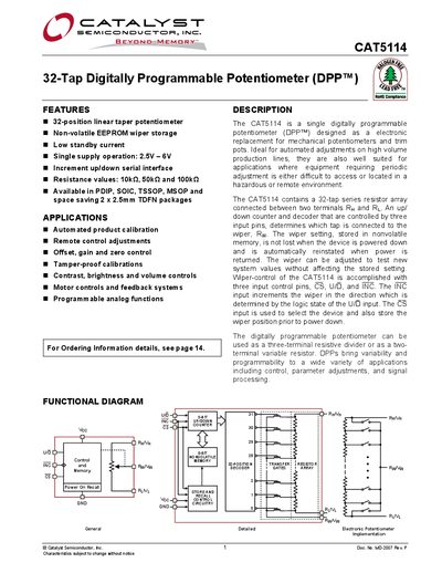 Catalyst CAT5114 Digitally Programmable Potentiometer Datasheet - cover page