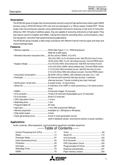 Mitsubishi Electric M16C/62 Group Single-Chip 16-Bit CMOS Microcomputer Datasheet - cover page