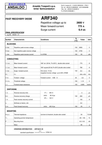 ANSALDO ARF340 Fast Recovery Diode Datasheet - cover page