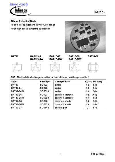 Infineon BAT17... Silicon Schottky Diode Datasheet - cover page