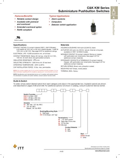 C&K KM Series Subminiature Pushbutton Switches Datasheet - cover page