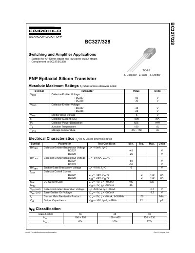 Fairchild BC327/328 PNP Epitaxial Silicon Transistor Datasheet - cover page