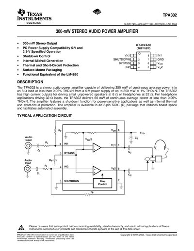 Texas Instruments TPA302 Stereo Audio Power Amplifier Datasheet - cover page