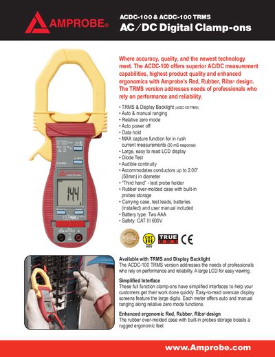 Amprobe ACDC-100 AC/DC Digital Clamp Meter Product Leaflet - cover page