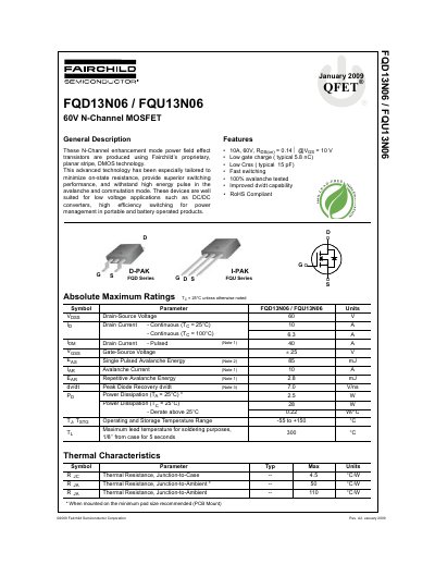 Fairchild Semiconductor FQD13N06/FQU13N06 60V N-Channel MOSFET Datasheet