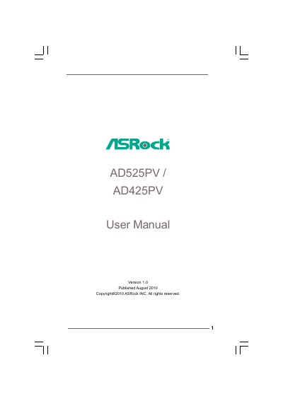 ASRock AD525PV / AD425PV Motherboard User Manual - cover page