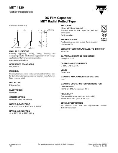 Vishay MKT 1820 DC Film Capacitor Datasheet - cover page