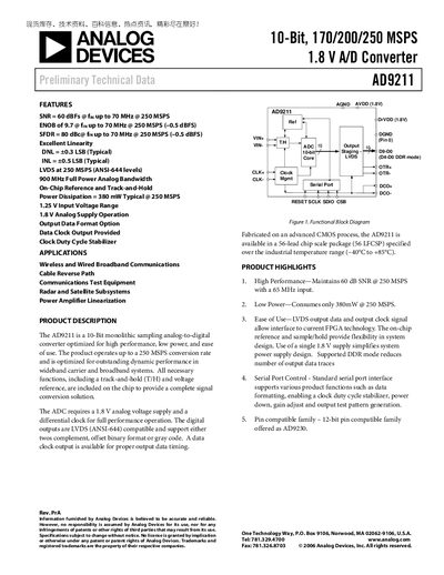 Analog Devices AD9211 10‑Bit 170/200/250 MSPS 1.8 V A/D Converter Datasheet - cover page