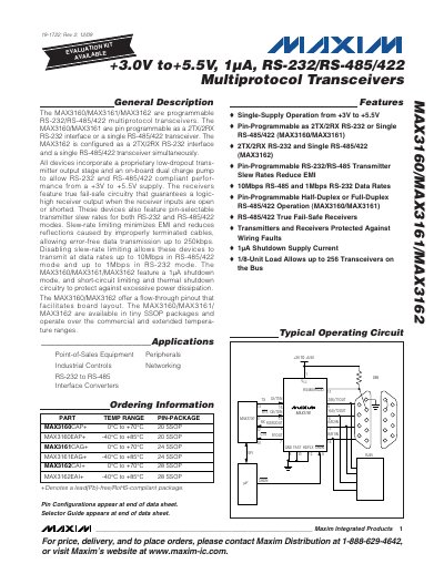 Maxim MAX3160/MAX3161/MAX3162 Programmable RS-232/RS-485/422 Multiprotocol Transceivers Datasheet