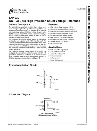 NATIONAL SEMICONDUCTOR LM4030 SOT-23 Ultra-High Precision Shunt Voltage Reference Manual - cover page