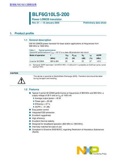NXP BLF6G10LS-200 Power LDMOS Transistor Preliminary Data Sheet - cover page