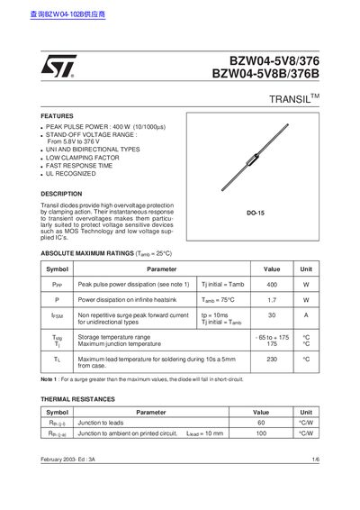 ST BZW04-5V8/376 BZW04-5V8B/376B Data Sheet - cover page