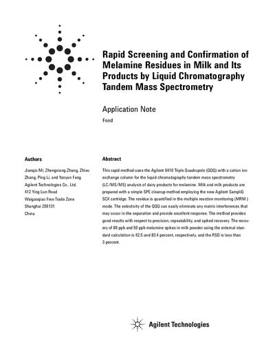 Agilent 6410 LC/MS/MS Melamine Analysis Application Note - cover page