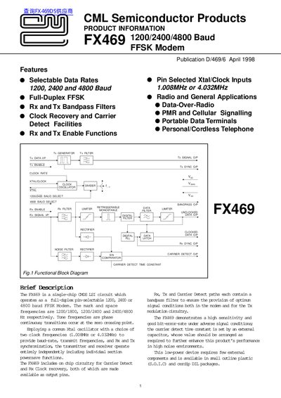 CML Semiconductor FX469 1200/2400/4800 Baud FFSK Modem PRODUCT INFORMATION - cover page