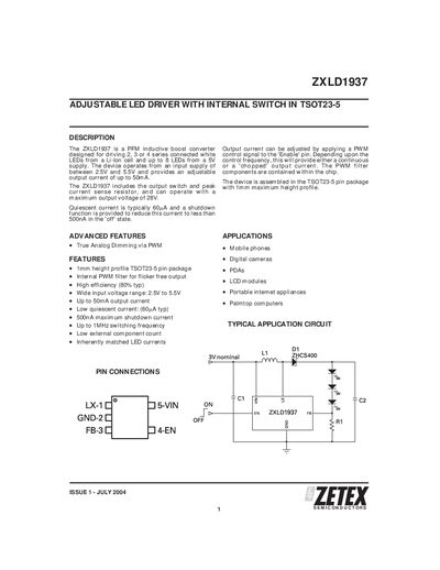 Zetex ZXLD1937 LED Driver Datasheet - cover page