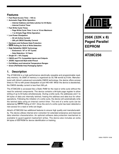 Atmel AT28C256 256K Paged Parallel EEPROM Datasheet - cover page