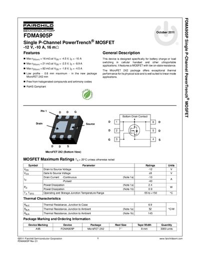 Fairchild FDMA905P Single P-Channel MOSFET Datasheet - cover page