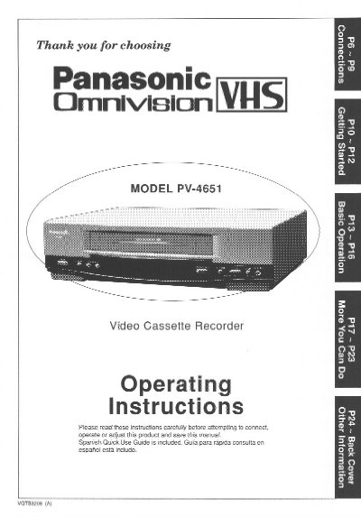 Panasonic PV-4651 VHS Video Cassette Recorder Operating Instructions - cover page