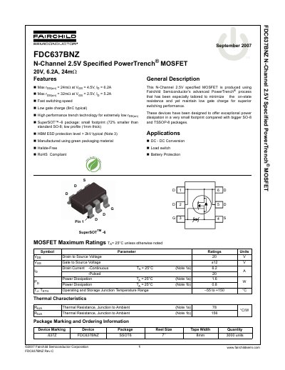 Fairchild Semiconductor FDC637BNZ MOSFET Datasheet - cover page