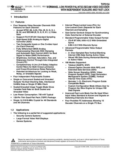Texas Instruments TVP5154 4-Channel Video Decoder Datasheet - cover page