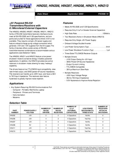 Intersil HIN202/HIN206/HIN207/HIN208/HIN211/HIN213 RS-232 Transceivers Datasheet